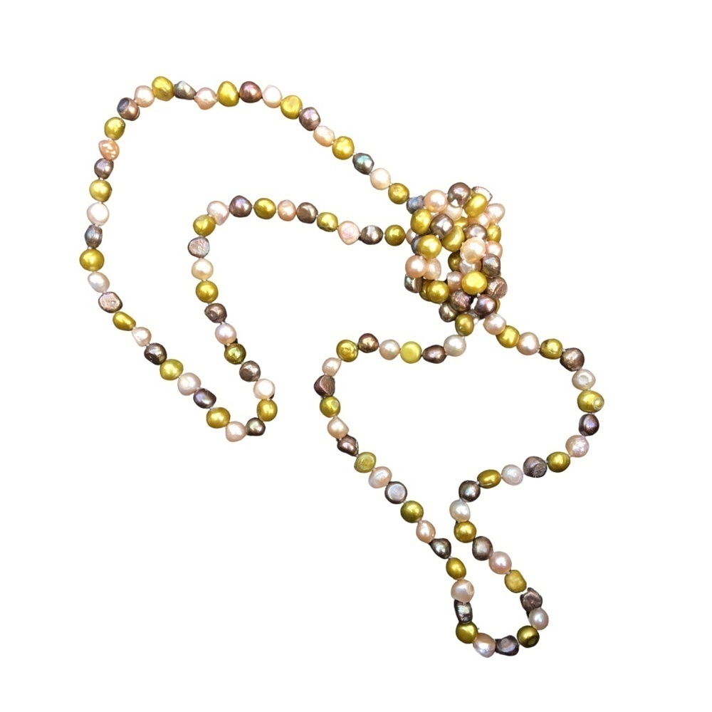 48" Knotted Multicolor Freshwater Pearl Necklace – 8-9mm Baroque Yellow, Bronze
